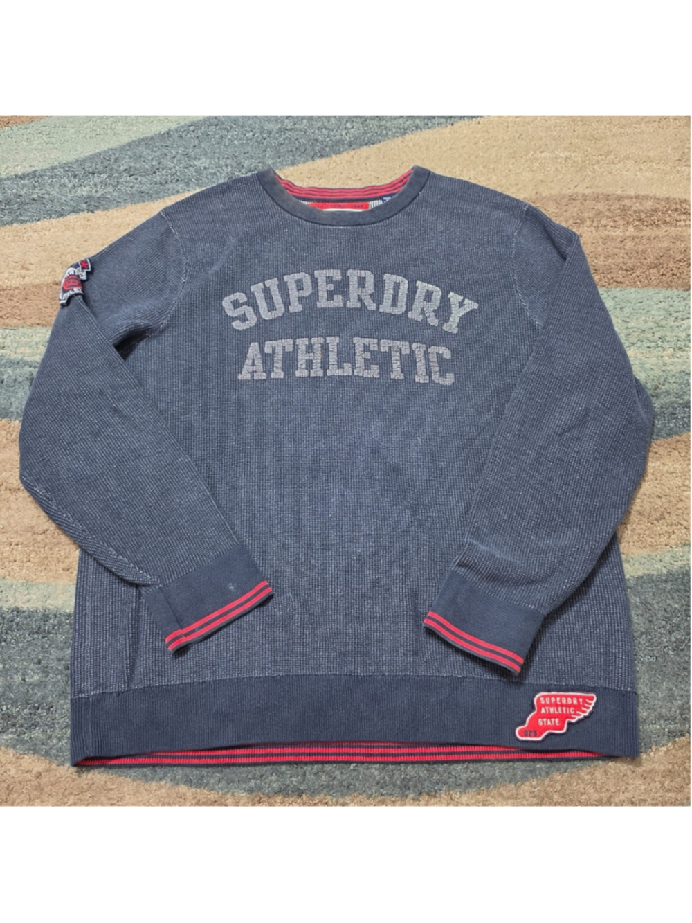 Superdry Athletic Sweatshirt Mens 2XL Gray Waffle Knit Crewneck Spellout Logo
